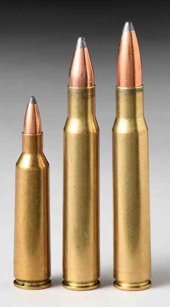 These are the bullets and cartridges used in the expansion testing (from left): a .22-250 Remington with the Sierra 45-grain high velocity spitzer, a .30-06 with a Speer 110-grain spire point and a .30-06 case with a Speer 180-grain spitzer.